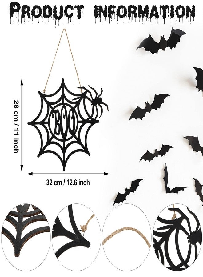 جيتك زينة باب هالوين سوداء، لافتة خشبية دائرية معلقة، زينة جدارية خشبية ريفية مخصصة للهالوين، ديكور منزلي داخلي وخارجي (على شكل عنكبوت) - Image 2