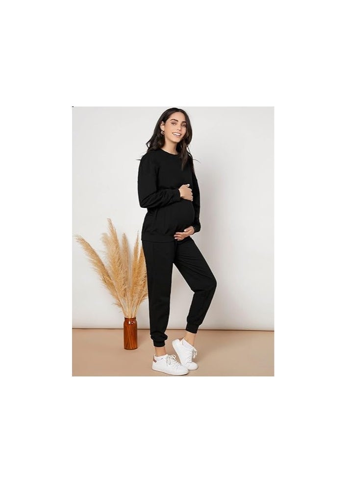 Women's Maternity 2 Piece Outfits Drop Shoulder Sweatshirt Jogger Tracksuit Sets - Image 4