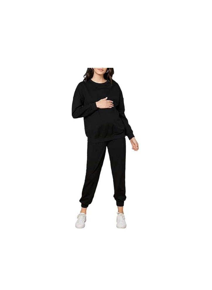 Women's Maternity 2 Piece Outfits Drop Shoulder Sweatshirt Jogger Tracksuit Sets - Image 1