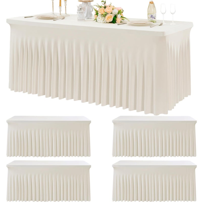 4pk Spandex Ivory Tablecloths for 6 Foot Rectangle Tables Stretch Table Cloth 6ft Fitted Tablecover Skirt for Parties Weddings Birthday Banquet Baby Shower
