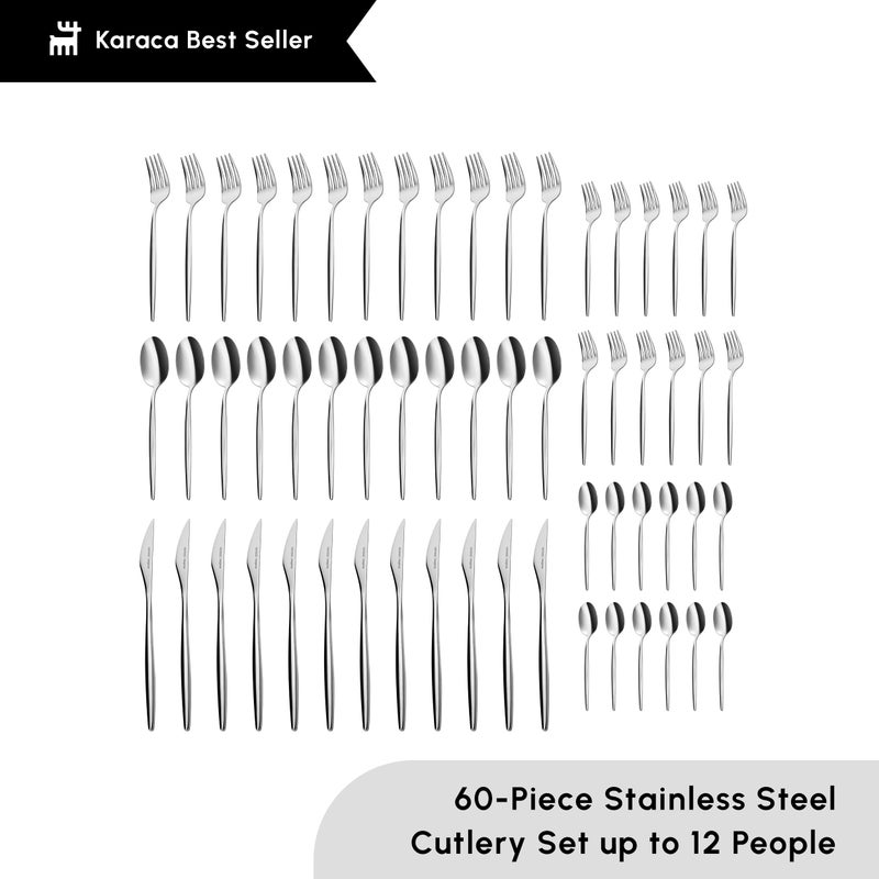 Karaca Lizbon - 18/10 Stainless Steel Silverware Set for 12, 60 Piece Heavy Duty Flatware Set, Dishwasher Safe Modern Cutlery incl. Kitchen Forks, Spoons, Knives Eating Utensils Sets - Platin - Image 4