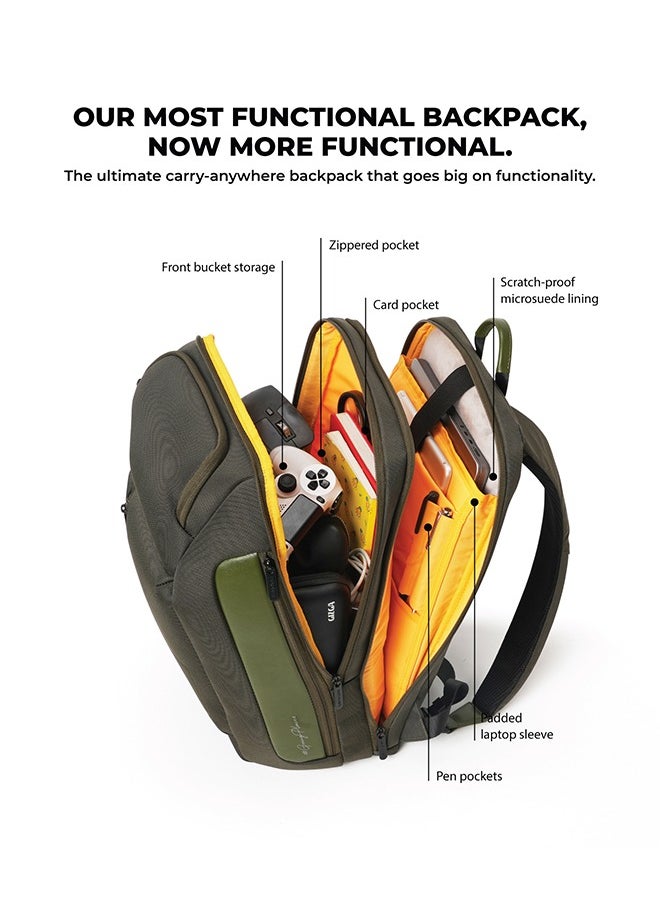Mokobara MOKOBARA The Transit Pro Backpack | Laptop Up to 15.6 Inches, 24L Capacity | Durable Nylon and Vegan Leather Water-Resistant | Ideal for Work and Travel | Padded Shoulder Straps (Green)  - Image 2