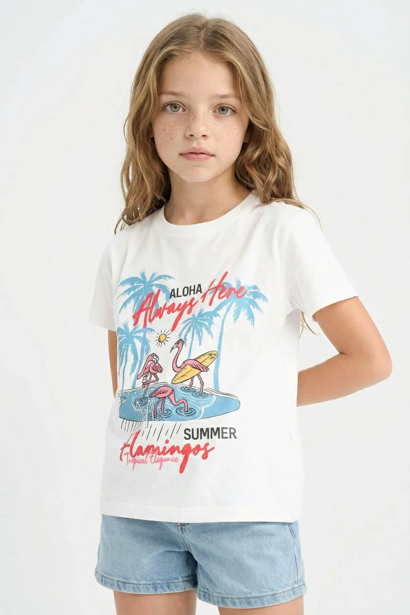 ديفاكتو Girl Crew Neck Printed Short Sleeve T-Shirt