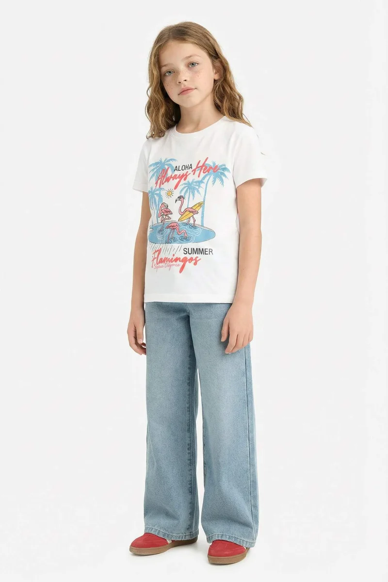 ديفاكتو Girl Crew Neck Printed Short Sleeve T-Shirt