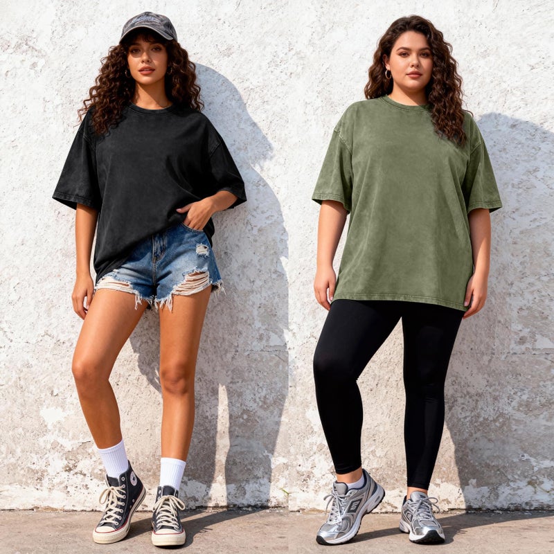 PEHMEA 3 Pcs Women's Oversized T-Shirts Cotton Short Sleeve Vintage Washed Baggy Boyfriend Streetwear Summer Tops(Black+Beige+ArmyGreen-XL) - Image 3