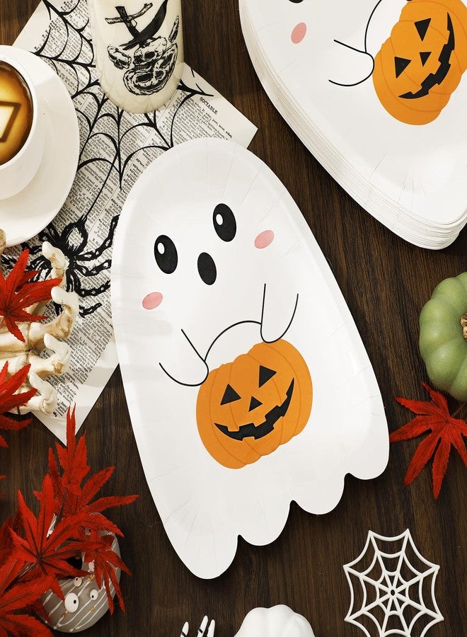 JarThenaAMCS 50Pcs Halloween Paper Plates Cute Ghost Pumpkin Disposable Plates White Ghost Shape Tableware for Halloween Birthday Holiday Baby Shower Little Boo Party Table Decor Supplies - Image 3