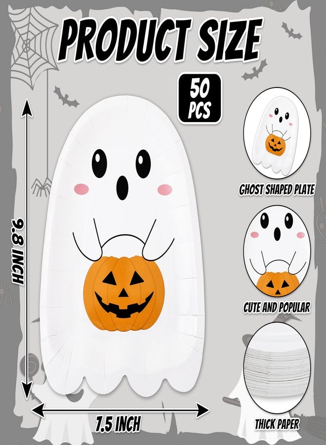 JarThenaAMCS 50Pcs Halloween Paper Plates Cute Ghost Pumpkin Disposable Plates White Ghost Shape Tableware for Halloween Birthday Holiday Baby Shower Little Boo Party Table Decor Supplies - Image 2