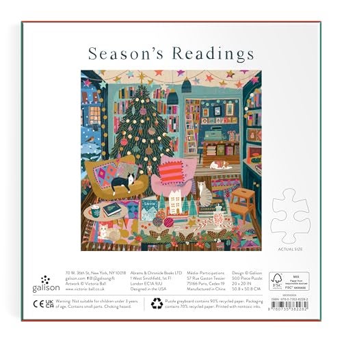 Galison Season's Reading – 500 Piece Foil Jigsaw Puzzle Featuring Beautiful Artwork of A Cozy Christmas Bookshop Scene with Gold Foil Accents - Image 3