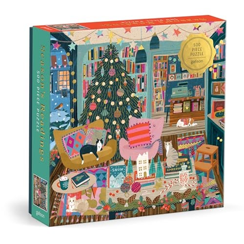 Galison Season's Reading – 500 Piece Foil Jigsaw Puzzle Featuring Beautiful Artwork of A Cozy Christmas Bookshop Scene with Gold Foil Accents - Image 1