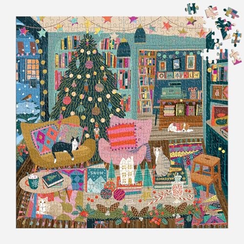 Galison Season's Reading – 500 Piece Foil Jigsaw Puzzle Featuring Beautiful Artwork of A Cozy Christmas Bookshop Scene with Gold Foil Accents - Image 5