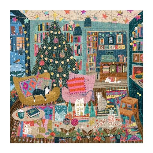 Galison Season's Reading – 500 Piece Foil Jigsaw Puzzle Featuring Beautiful Artwork of A Cozy Christmas Bookshop Scene with Gold Foil Accents - Image 2