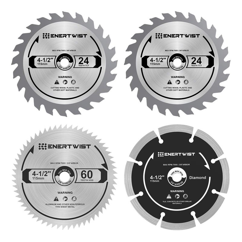 مجموعة شفرات منشار دائري مدمجة ENERTWIST 412 بوصة عبوة من 4 قطع شفرات منشار TCTHSSDiamond متنوعة لقطع الخشب والبلاستيك والمعادن والبلاط 38 بوصة محور ETCSA4