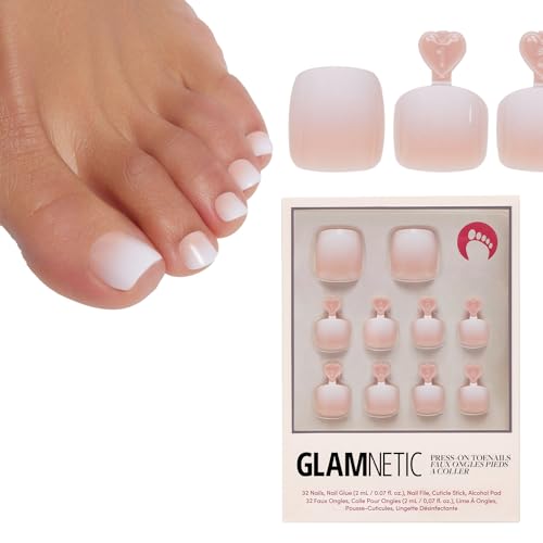 Glamnetic أظافر أصابع القدم اللاصقة من غلمنتيك - كريمر - نود محايد وأومبري أبيض مزيف مع لمسة لامعة - 16 حجم - مجموعة أظافر أصابع القدم 32 مع غراء - Image 1