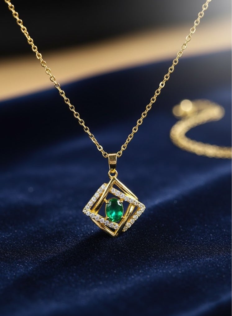FLUFFY Luxury Gold Women's Necklace with Green Emerald Gemstone and Cubic Diamond Frame Pendant - Image 1