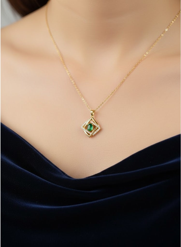 FLUFFY Luxury Gold Women's Necklace with Green Emerald Gemstone and Cubic Diamond Frame Pendant - Image 2