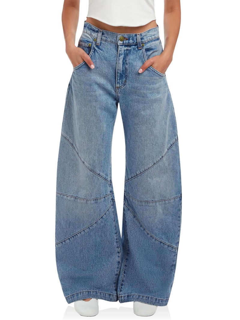 PLNOTME Womens High Waisted Barrel Jeans Casual Loose Boyfriend Wid Leg Denim Pants Light Blue - Image 1
