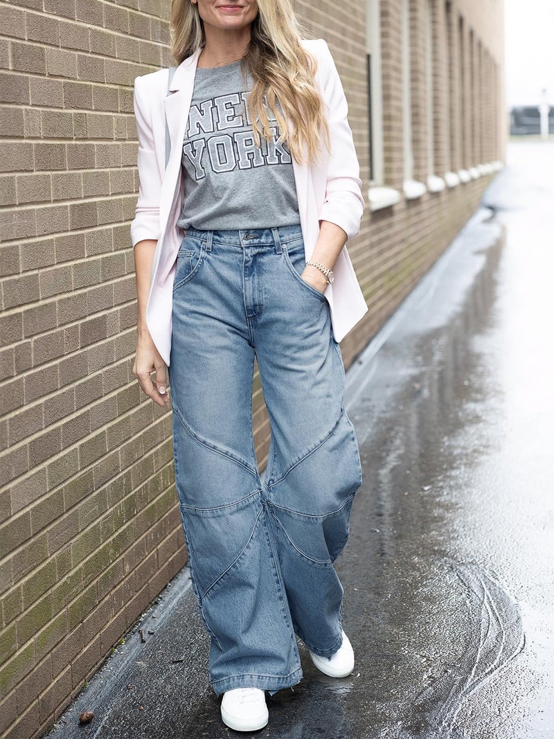 PLNOTME Womens High Waisted Barrel Jeans Casual Loose Boyfriend Wid Leg Denim Pants Light Blue - Image 3
