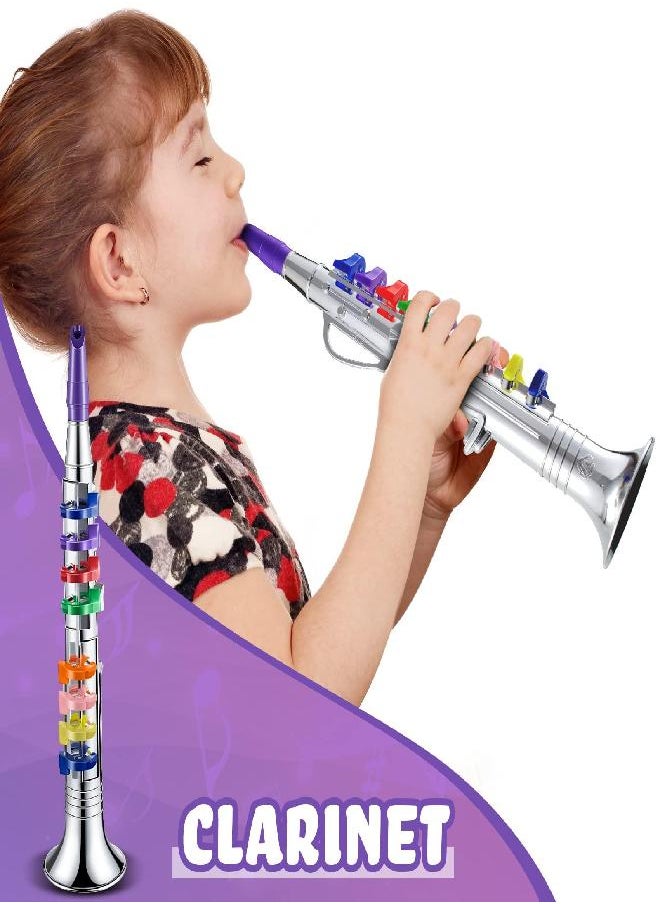 Lewtemi Set of 3 Saxophone for Kids Musical Instruments Toy Saxophone Toy Trumpet and Toy Clarinet with 8 Colored Coded Keys Teaching Songs for Toddlers Children (Silver)  - Image 3