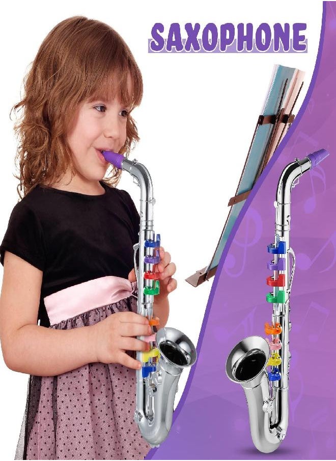 Lewtemi Set of 3 Saxophone for Kids Musical Instruments Toy Saxophone Toy Trumpet and Toy Clarinet with 8 Colored Coded Keys Teaching Songs for Toddlers Children (Silver)  - Image 4
