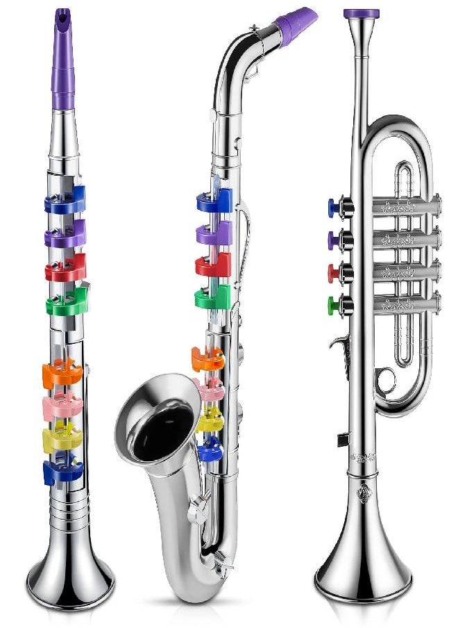 Lewtemi Set of 3 Saxophone for Kids Musical Instruments Toy Saxophone Toy Trumpet and Toy Clarinet with 8 Colored Coded Keys Teaching Songs for Toddlers Children (Silver)  - Image 1