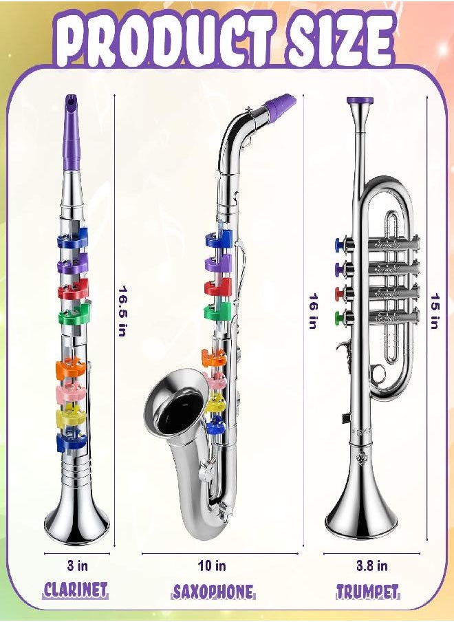 Lewtemi Set of 3 Saxophone for Kids Musical Instruments Toy Saxophone Toy Trumpet and Toy Clarinet with 8 Colored Coded Keys Teaching Songs for Toddlers Children (Silver)  - Image 2