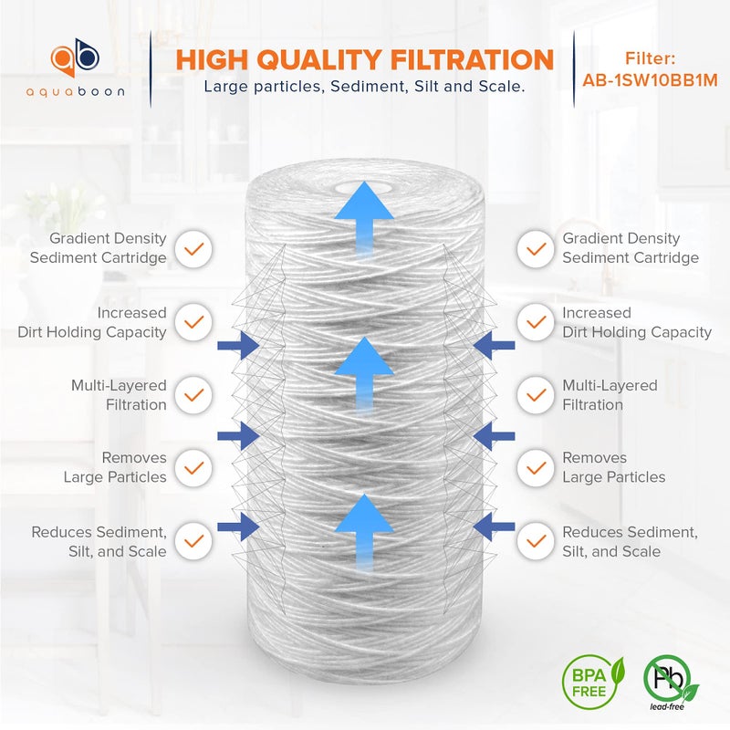 Aquaboon 1 Micron String Wound Water Filter 10X4.5 Replacement - Whole House Water Filter Cartridge Compatible With Wp5Bb97P Wp10Bb97P Ap810 2-Pack - Image 3