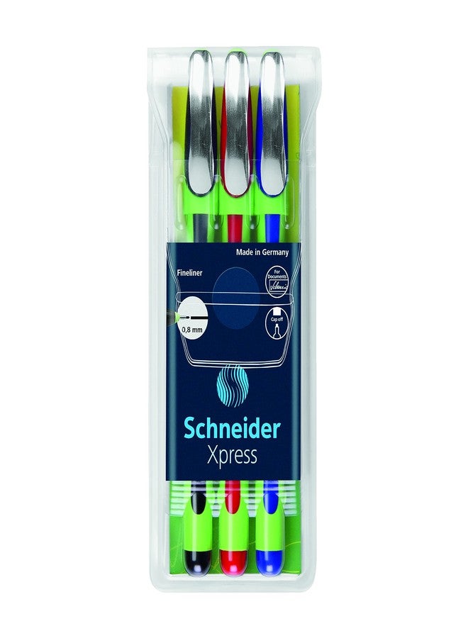 Stride Schneider Xpress Fineliner Porous Point Pen, Stick, Medium 0.8 Mm, Assorted Ink Colors, Green Barrel, 3/Pack - Image 1