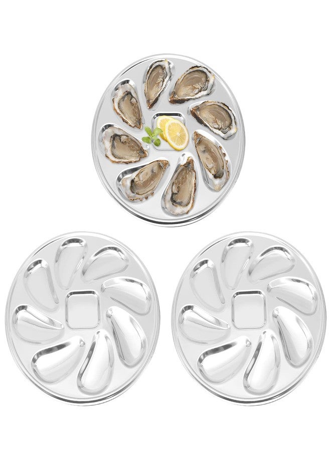 UOIENRT 3 Pack Oyster Plate, Stainless Steel 8 Slots Oyster Grill Pan with Center Slot Multi-Functional Grill Pan for Oysters and Scallop, Sauce and Lemon(Silver) - Image 2