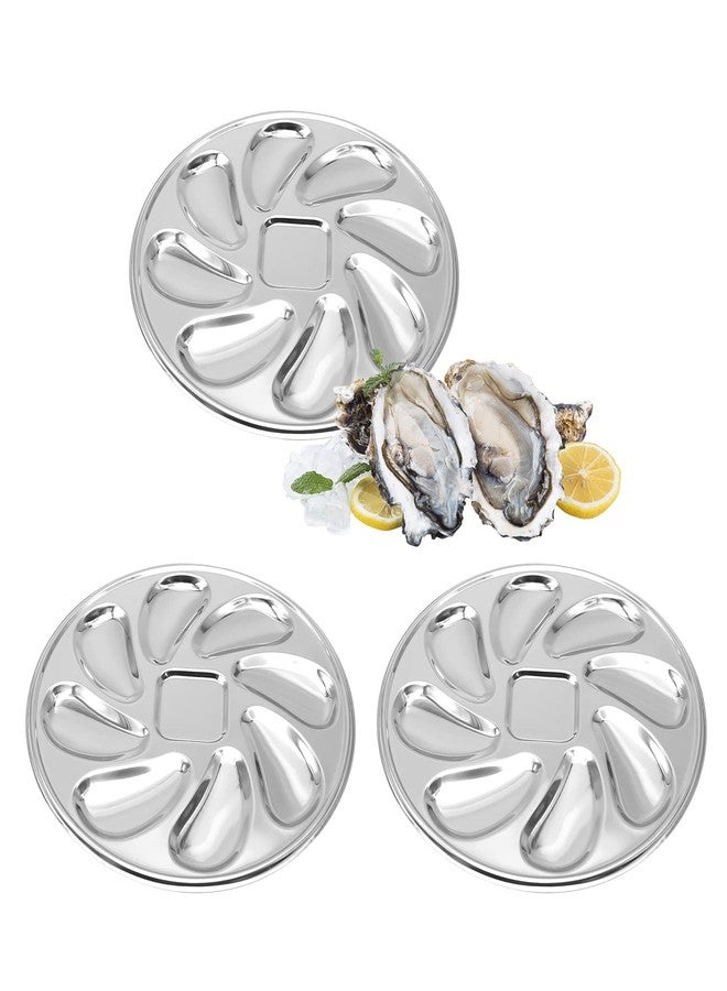 UOIENRT 3 Pack Oyster Plate, Stainless Steel 8 Slots Oyster Grill Pan with Center Slot Multi-Functional Grill Pan for Oysters and Scallop, Sauce and Lemon(Silver) - Image 1