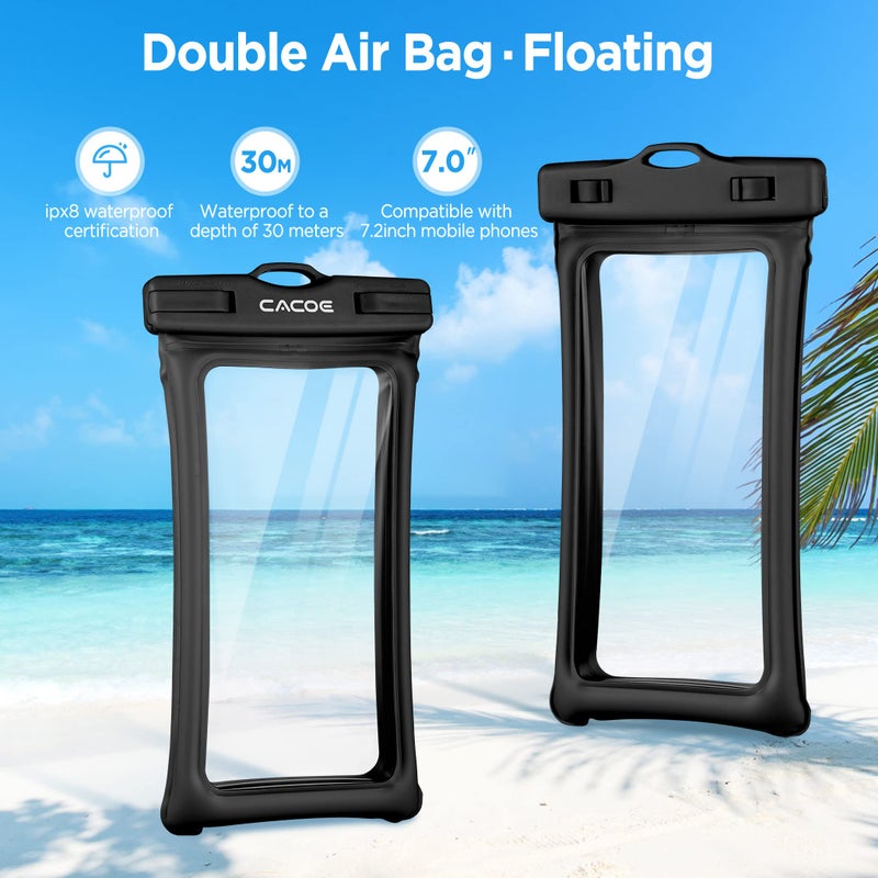 CACOE [Floatable] Floating Universal Waterproof Phone case 2 Pack-Up to 7.0",Phone Pouch with Adjustable Neck Lanyard,IPX8 Cellphone Dry Bags for Beach Pool Swimmingï¼ˆBlack+Blackï¼‰ - Image 3