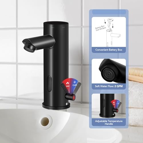 Fyeer Automatic Sensor Touchless Bathroom Faucet Motion Activated Hands Free Single Sink Tap Temperature Control Adjustable Handle Commercial Auto Basin Brass Faucets for Home Vanity Restroom Matte Black - Image 3