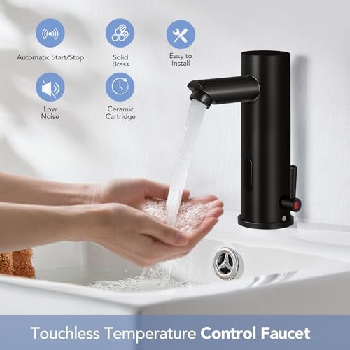Fyeer Automatic Sensor Touchless Bathroom Faucet Motion Activated Hands Free Single Sink Tap Temperature Control Adjustable Handle Commercial Auto Basin Brass Faucets for Home Vanity Restroom Matte Black - Image 2