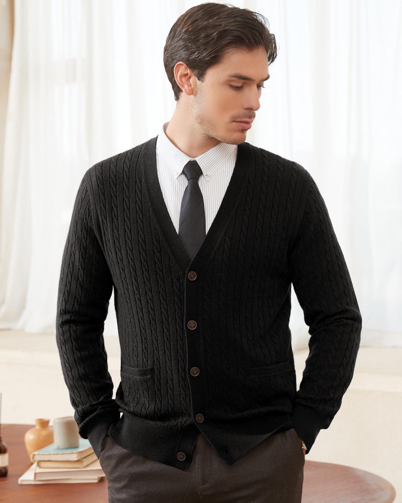 Kallspin Men's Cardigan Sweater Wool Blend Cable Knit V Neck Buttons Cardigan with Pockets(Black, 2X-Large) - Image 2