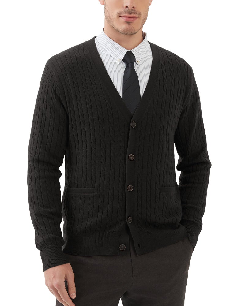 Kallspin Men's Cardigan Sweater Wool Blend Cable Knit V Neck Buttons Cardigan with Pockets(Black, 2X-Large) - Image 1