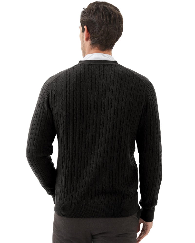 Kallspin Men's Cardigan Sweater Wool Blend Cable Knit V Neck Buttons Cardigan with Pockets(Black, 2X-Large) - Image 4