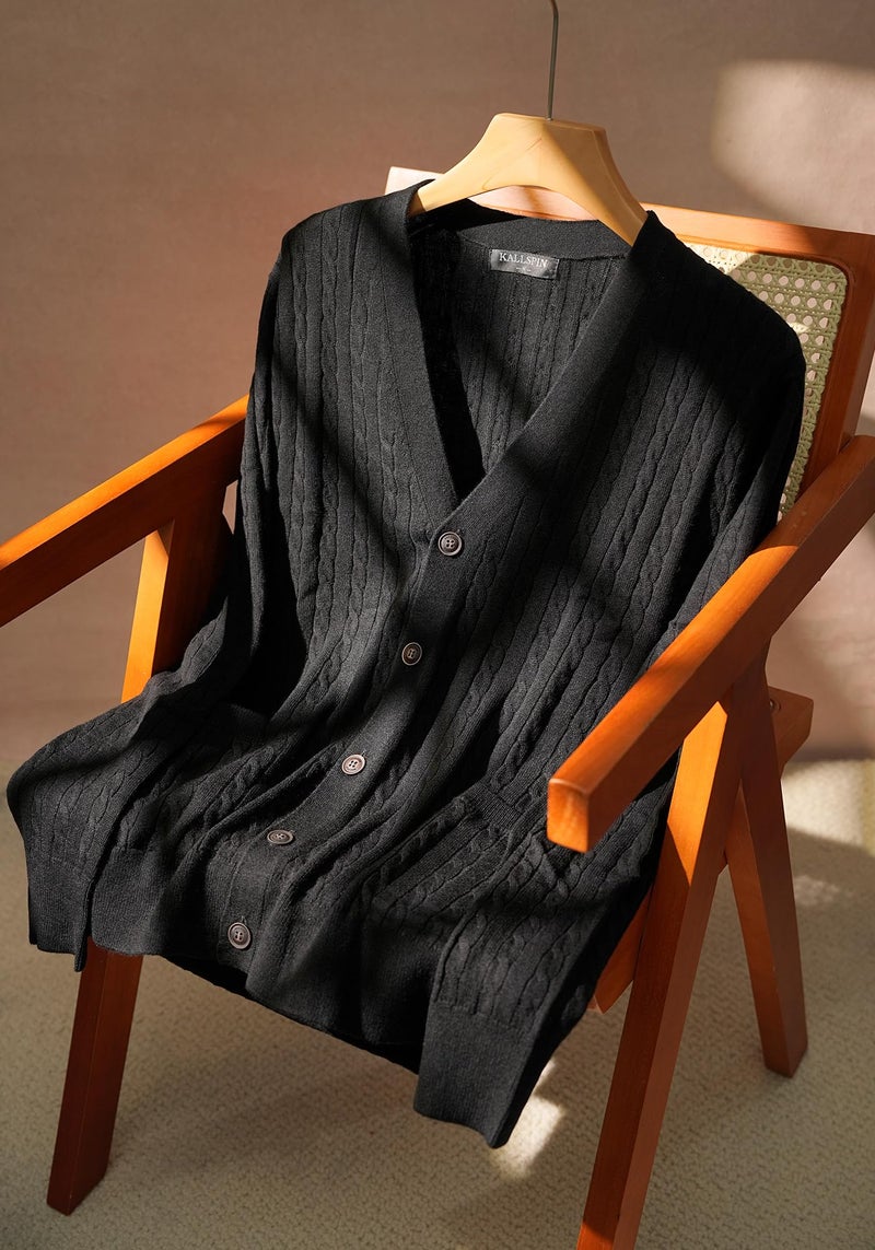 Kallspin Men's Cardigan Sweater Wool Blend Cable Knit V Neck Buttons Cardigan with Pockets(Black, 2X-Large) - Image 3