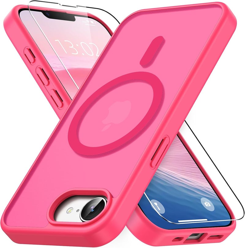 حافظة مغناطيسية لـ iPhone 16e / iPhone 17e مع زجاج واقي واحد، متوافقة مع Magsafe، حماية من السقوط وفق المعايير العسكرية، ظهر غير لامع شفاف، حافظة هاتف مقاومة للصدمات، وردي فاقع - Image 1