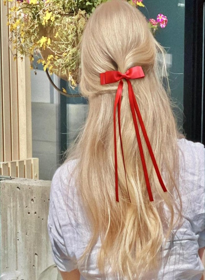Cerun 2PCS Luxury Red Hair Bows for Women Girls, Tassel Ribbon Bowknot Hair Clips Barrettes for Girl with Small Long Tail Solid Satin Hair Accessories (Red) - Image 2