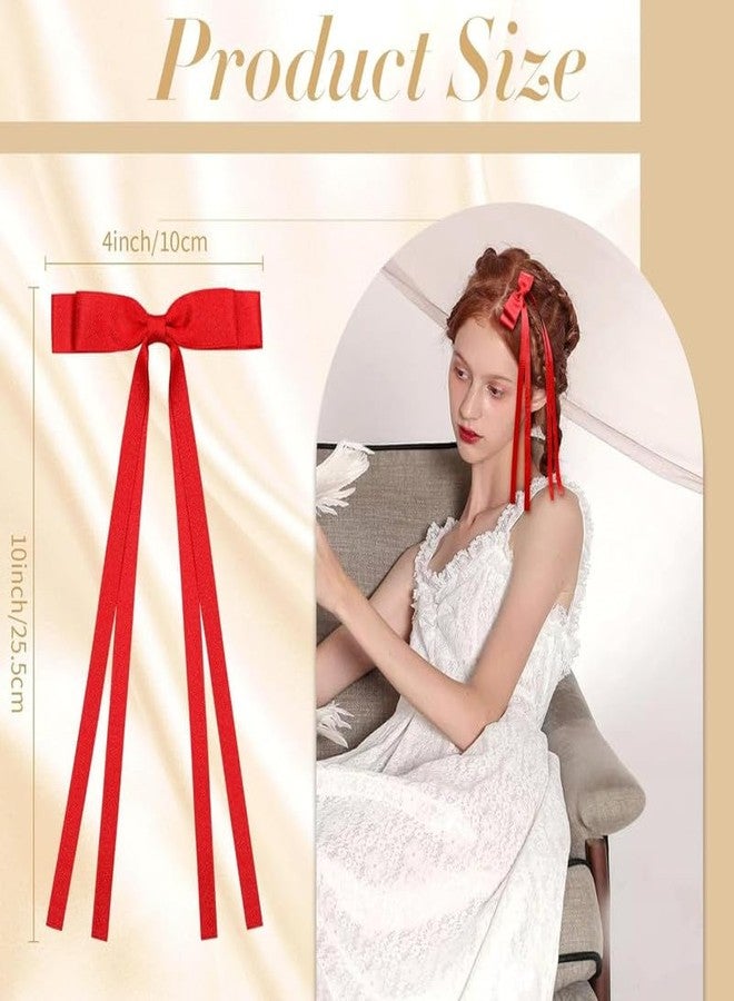 Cerun 2PCS Luxury Red Hair Bows for Women Girls, Tassel Ribbon Bowknot Hair Clips Barrettes for Girl with Small Long Tail Solid Satin Hair Accessories (Red) - Image 3