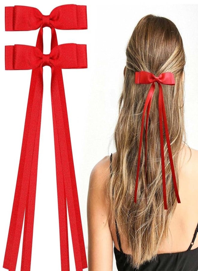 Cerun 2PCS Luxury Red Hair Bows for Women Girls, Tassel Ribbon Bowknot Hair Clips Barrettes for Girl with Small Long Tail Solid Satin Hair Accessories (Red) - Image 1
