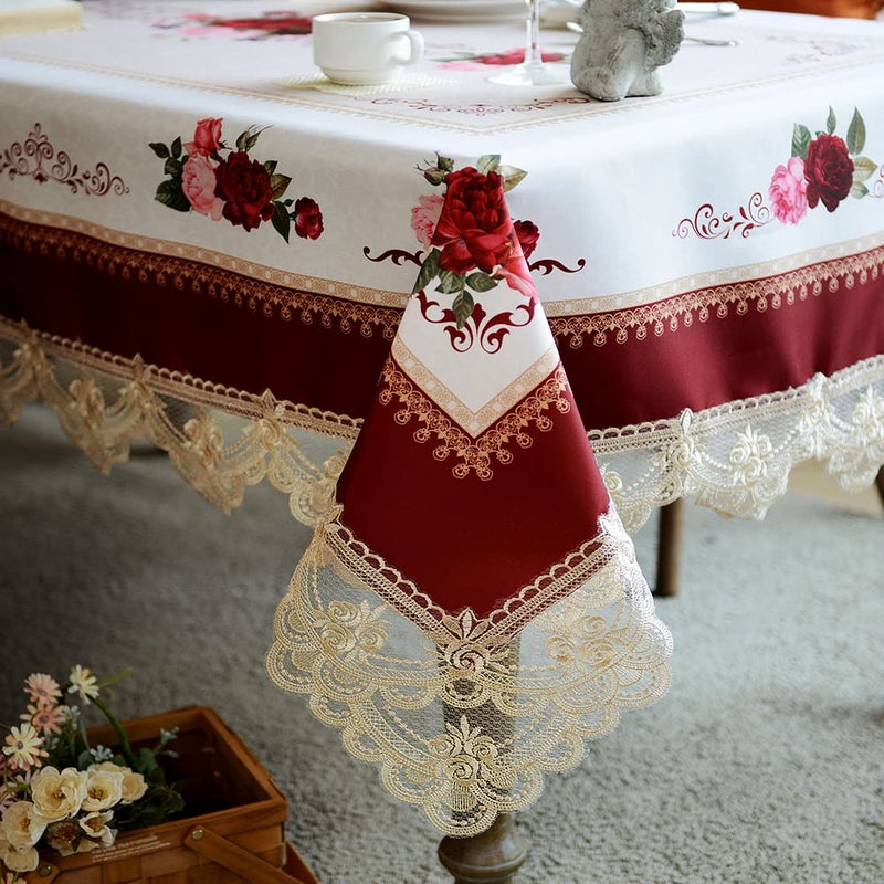 SUTAVIA Lace Embroidered Table Cloth,Rectangular Farmhouse TableCover,Classic Oblong Antique Flower Decor Macrame Tablecloth (Burgundy, Rectangle/Oblong, 52 x 70 Inch,4-6 Seats) - Image 1