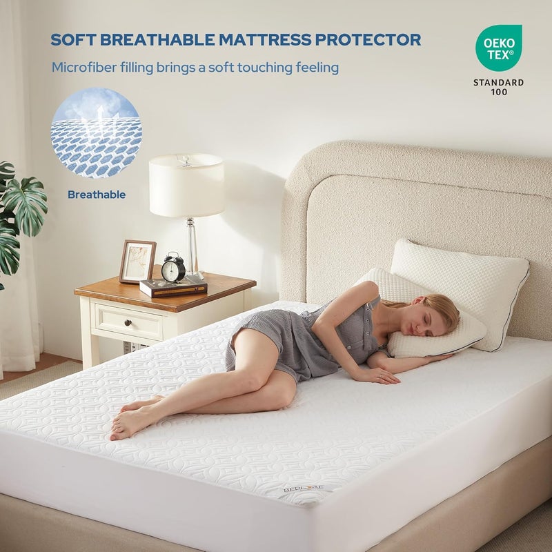 BEDLORE واقي المرتبة المقاوم للماء من BEDLORE، غطاء مرتبة كامل الحجم مع جيب عميق بعمق 6-18 بوصة، غطاء مرتبة مزدوج ناعم وقابل للتنفس لغرفة نوم الأطفال والمراهقين، سكن الجامعة، الفندق (أبيض) محل ومنزل - Image 3