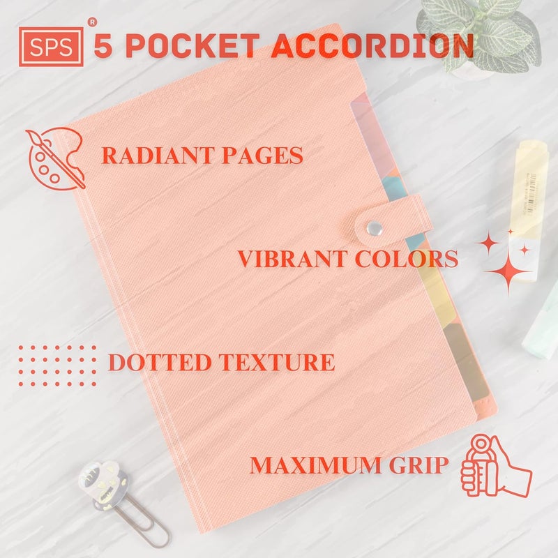 sps 5 Pocket Expanding File Folder - Fits A4 & Letter Size Document Organizer, Accordion File Folders, File Holder for Office, School & Home Use - Orange - Image 2