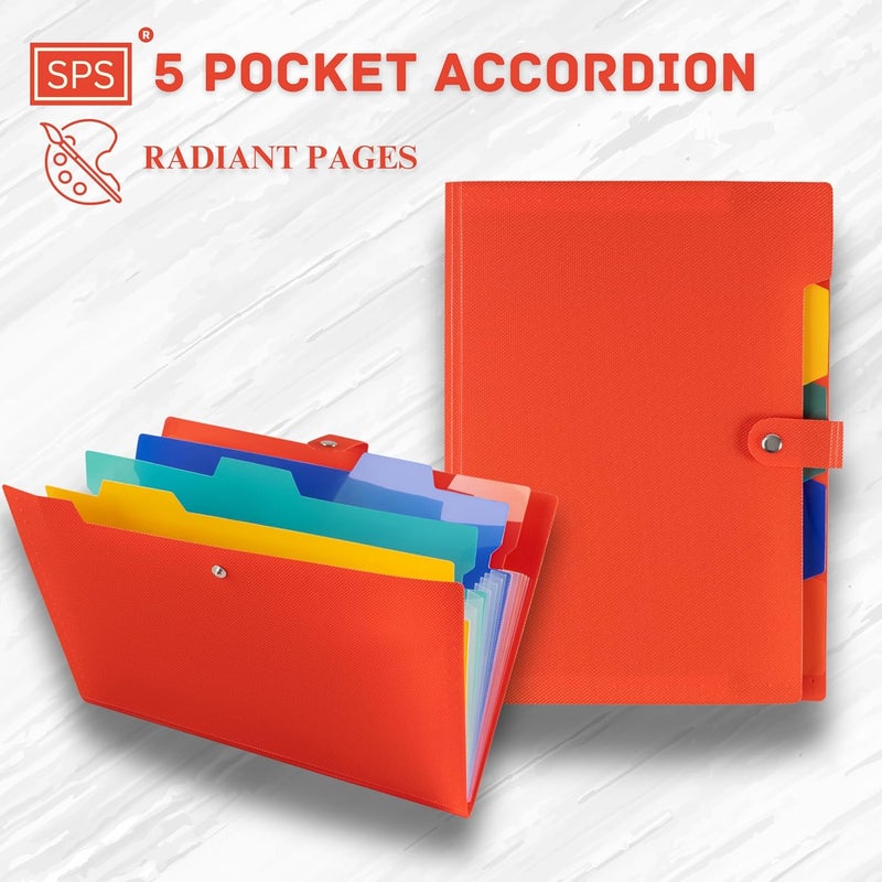 sps 5 Pocket Expanding File Folder - Fits A4 & Letter Size Document Organizer, Accordion File Folders, File Holder for Office, School & Home Use - Orange - Image 5