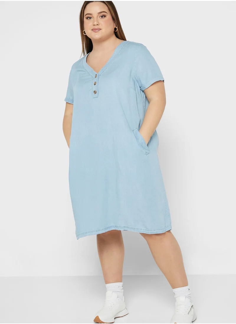 Avenue Button Detail V-Neck Dress