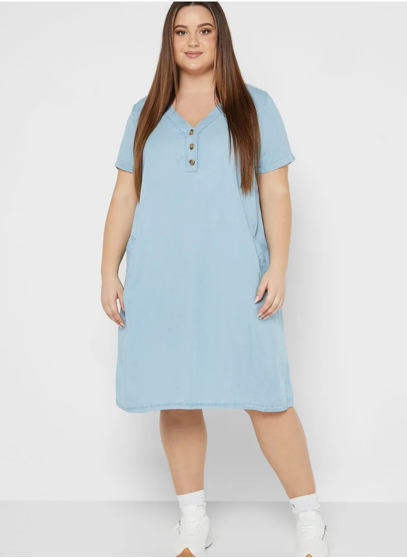 Avenue Button Detail V-Neck Dress