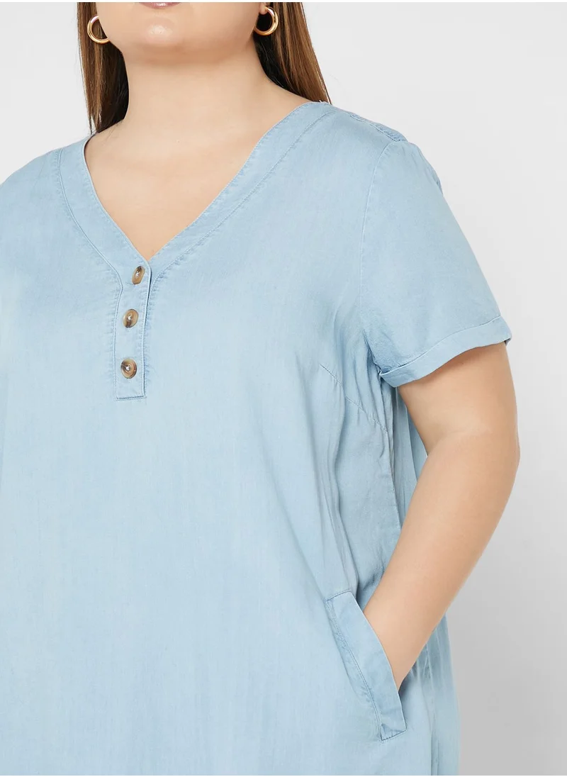 Avenue Button Detail V-Neck Dress