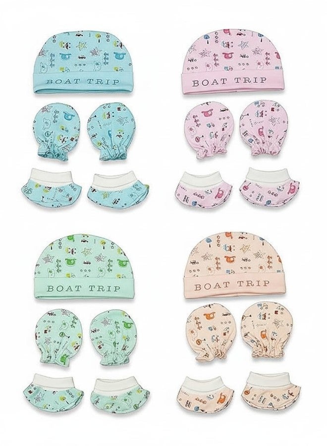 MURLI Newborn Infant Baby Cap Set with Round Cap, Mittens and Booties, 0-6 Months, Pack of 4 Multicolour - Image 1