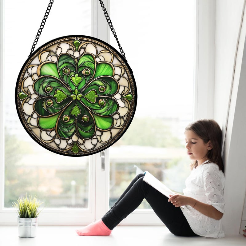 DASTOLL Stained Glass Window Hanging St. Ripak Festival Green Lucky Clover 7.8" - Suncatcher Door Garden Sun Catcher Ireland Decor Mother's Day for Mom Woman Her Men Sisters - Image 3
