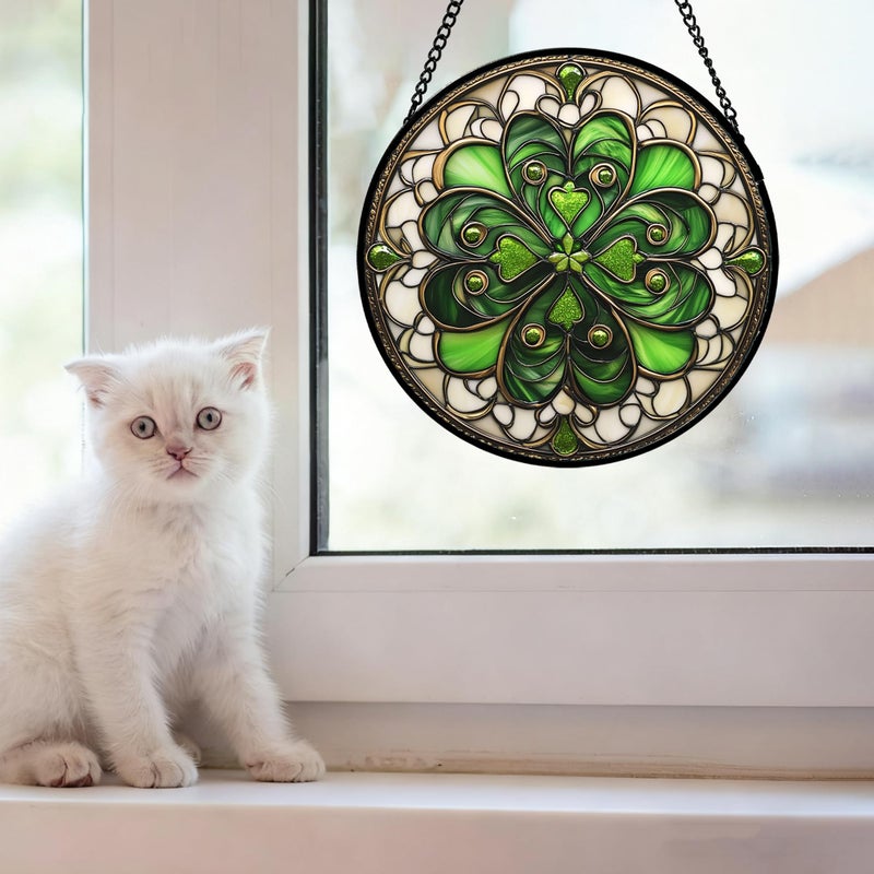 DASTOLL Stained Glass Window Hanging St. Ripak Festival Green Lucky Clover 7.8" - Suncatcher Door Garden Sun Catcher Ireland Decor Mother's Day for Mom Woman Her Men Sisters - Image 2